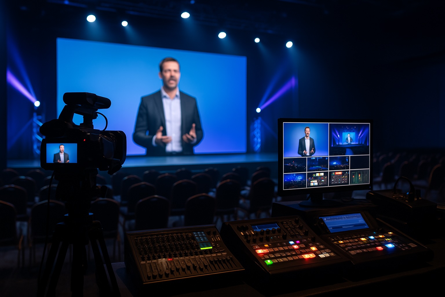 Professional live streaming AV services setup for hybrid event with speaker on LED screen and camera equipment