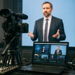 Live streaming AV setup with camera, laptop, audio mixer, and speaker presentation at hybrid event